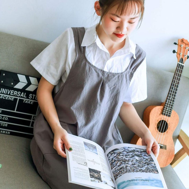 NEWGEM Japanese Linen Cross Back Kitchen Cooking Aprons for Women with Pockets Cute for Baking Painting Gardening Cleaning Gray - Image 2